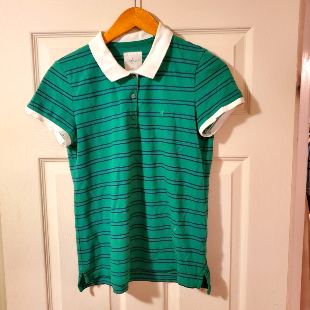 American Eagle Green Stripped  Polo Shirt